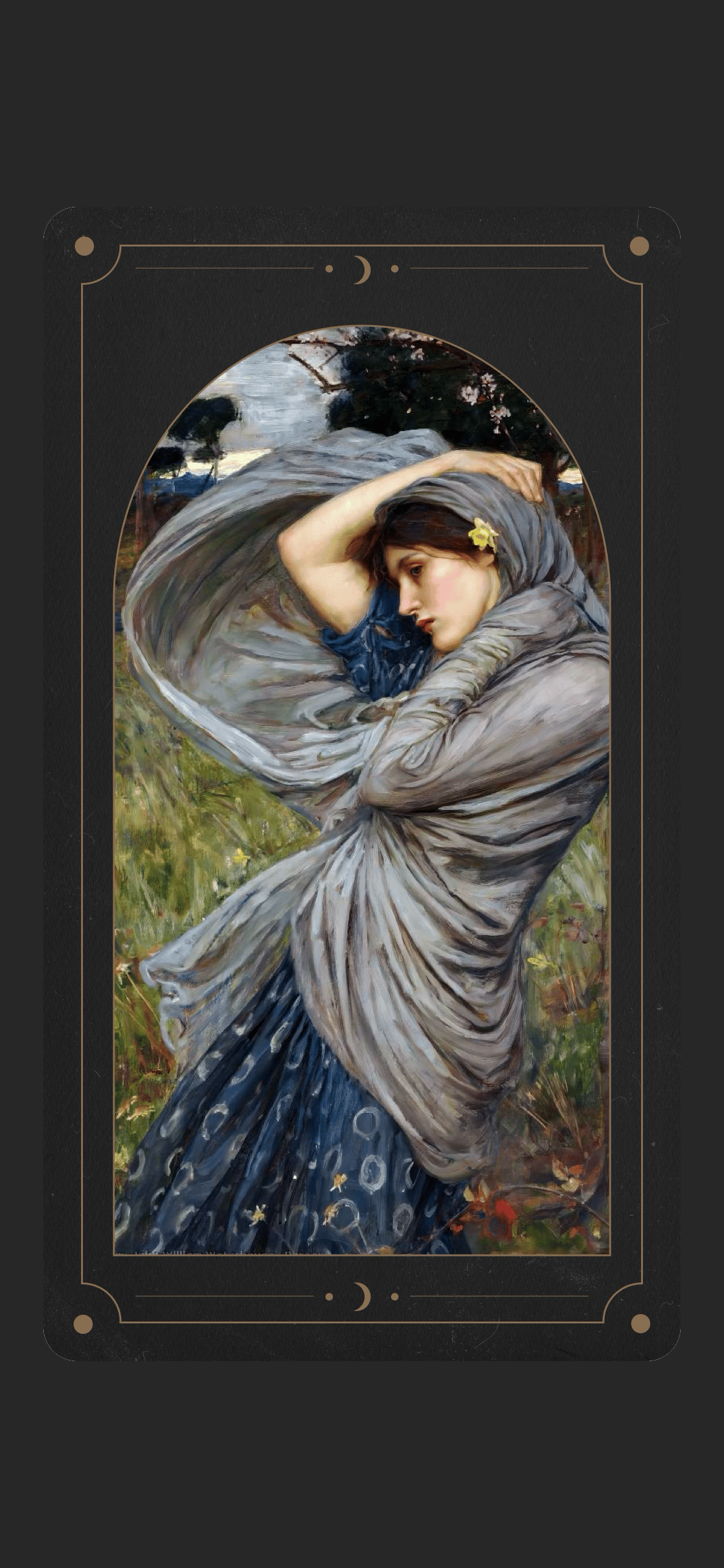 Wallpaper featuring John William Waterhouse’s Boreas. A figure is buffeted by the wind and looking deep in thought. They are wrapped in a swathe of gray cloth over their clothing which billows out in the wind.