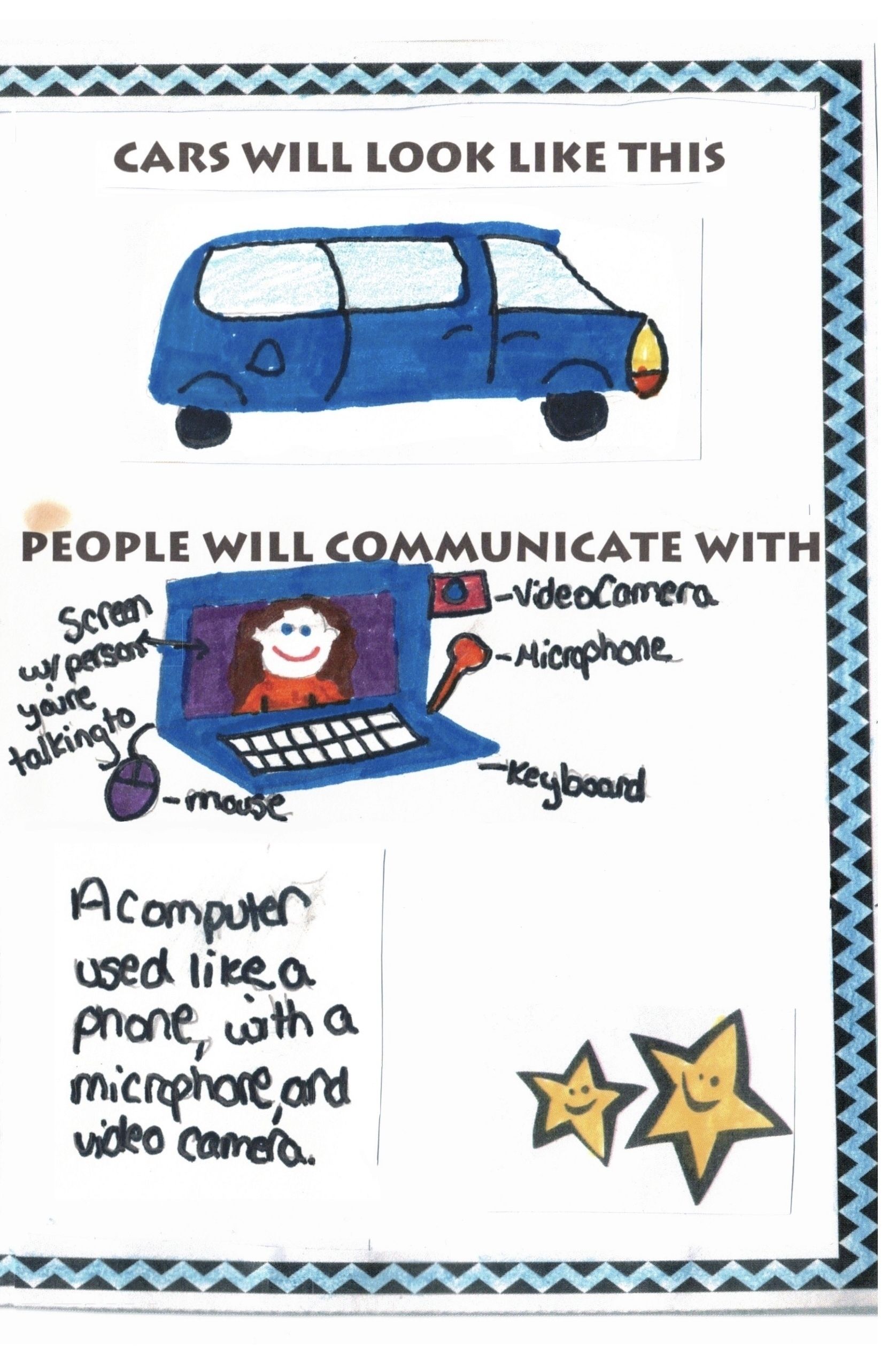 Cars will look like this. Drawing of a streamline blue minivan. People will communicate with a computer used like a phone with a microphone and camera. Drawing of video call on a laptop with mouse, webcam, and microphone. Two yellow stars.