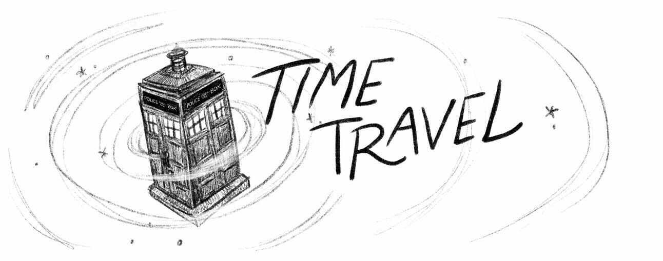 Time Travel header with spinning hand drawn TARDIS time machine